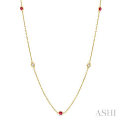 2.25 MM Ruby and 1/4 Ctw Round Cut Diamond Precious Station Necklace in 14K Yellow Gold 2.25 MM Ruby and 1/4 Ctw Round Cut Diamond Precious Station Necklace in 14K Yellow Gold