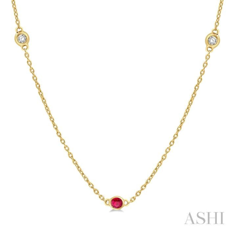 2.25 MM Ruby and 1/4 Ctw Round Cut Diamond Precious Station Necklace in 14K Yellow Gold 2.25 MM Ruby and 1/4 Ctw Round Cut Diamond Precious Station Necklace in 14K Yellow Gold