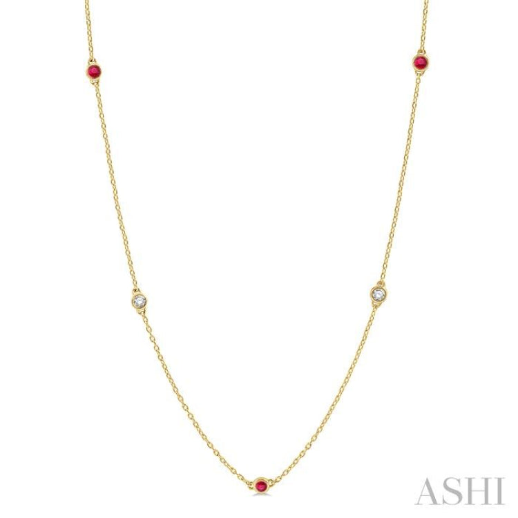 2.6 MM Ruby and 3/8 Ctw Round Cut Diamond Precious Station Necklace in 14K Yellow Gold 2.6 MM Ruby and 3/8 Ctw Round Cut Diamond Precious Station Necklace in 14K Yellow Gold