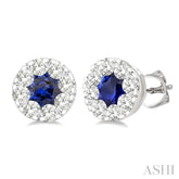 3.3 MM Sapphire and 1/2 Ctw Round Cut Diamond Lovebright Precious Stud Earrings in 14K White Gold