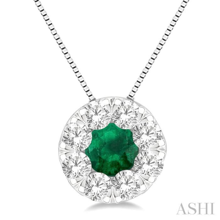 3.8 MM Emerald and 1/3 Ctw Round Cut Lovebright Diamond Precious Pendant With Chain in 14K White Gold 3.8 MM Emerald and 1/3 Ctw Round Cut Lovebright Diamond Precious Pendant With Chain in 14K White Gold