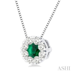 3.8 MM Emerald and 1/3 Ctw Round Cut Lovebright Diamond Precious Pendant With Chain in 14K White Gold 3.8 MM Emerald and 1/3 Ctw Round Cut Lovebright Diamond Precious Pendant With Chain in 14K White Gold