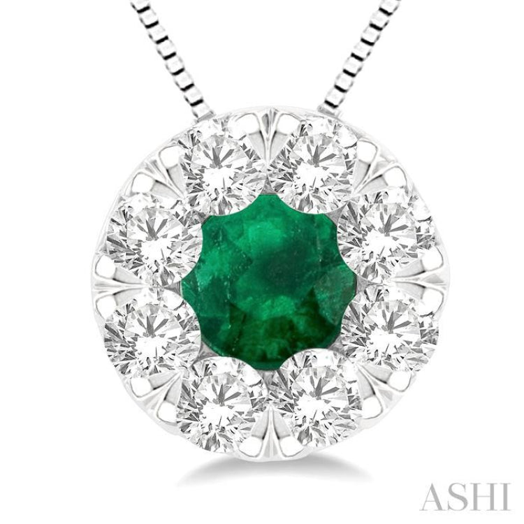 3.8 MM Emerald and 1/3 Ctw Round Cut Lovebright Diamond Precious Pendant With Chain in 14K White Gold 3.8 MM Emerald and 1/3 Ctw Round Cut Lovebright Diamond Precious Pendant With Chain in 14K White Gold