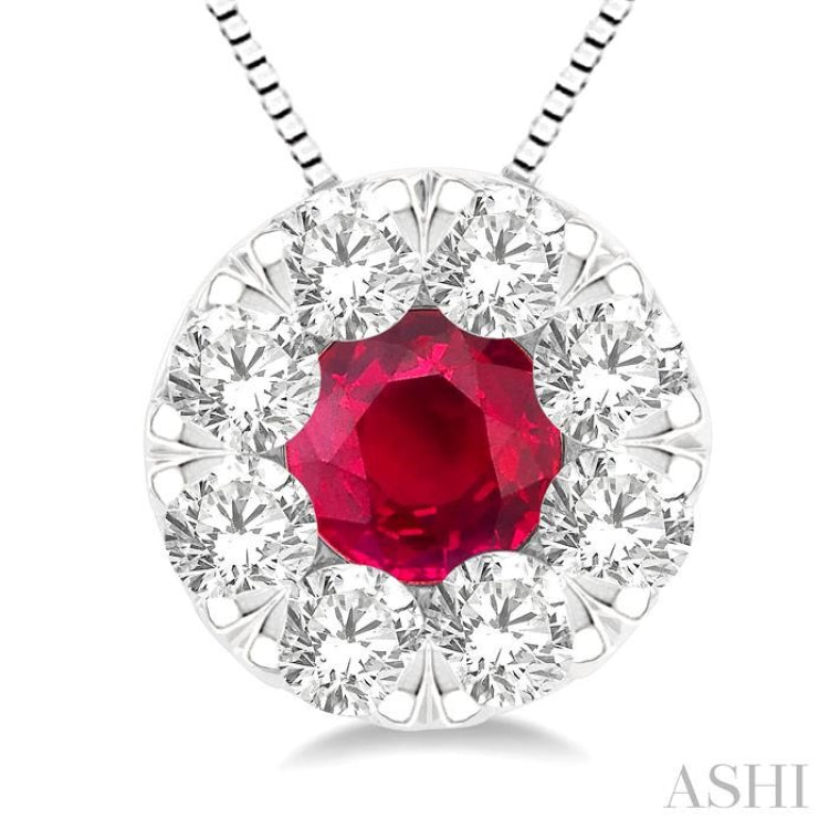 3.8 MM Ruby and 1/3 Ctw Round Cut Lovebright Diamond Precious Pendant With Chain in 14K White Gold 3.8 MM Ruby and 1/3 Ctw Round Cut Lovebright Diamond Precious Pendant With Chain in 14K White Gold