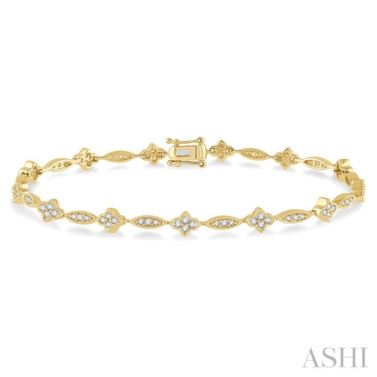 1 1/10 Ctw Single Cut Diamond Marquise and Floral Link Bracelet in 10K Yellow Gold 1 1/10 Ctw Single Cut Diamond Marquise and Floral Link Bracelet in 10K Yellow Gold