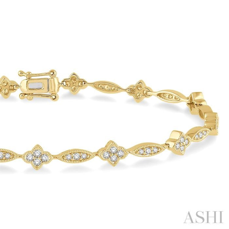1 1/10 Ctw Single Cut Diamond Marquise and Floral Link Bracelet in 10K Yellow Gold 1 1/10 Ctw Single Cut Diamond Marquise and Floral Link Bracelet in 10K Yellow Gold