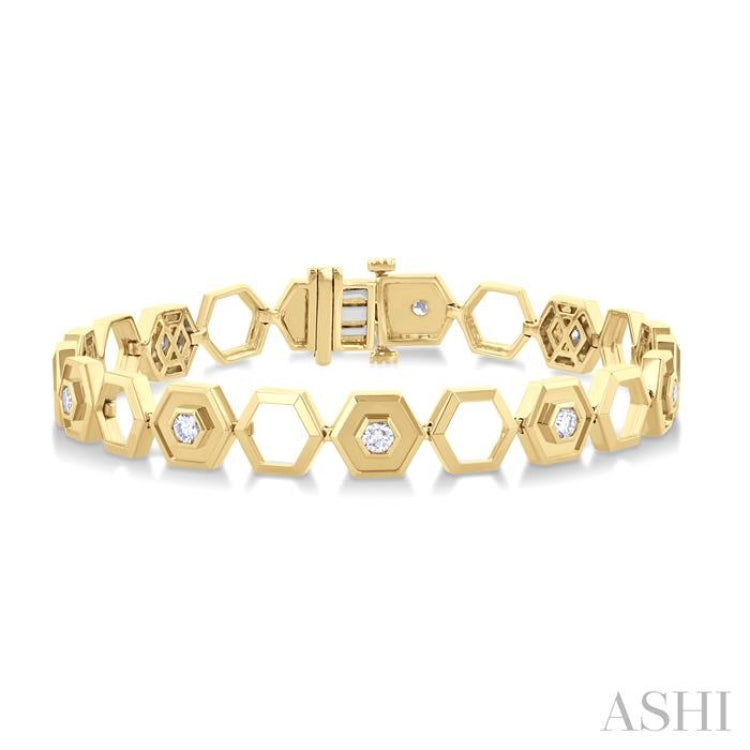 3/4 Ctw Double & Open Window Hexagon Round Cut Diamond Fashion Bracelet in 14K Yellow Gold 3/4 Ctw Double & Open Window Hexagon Round Cut Diamond Fashion Bracelet in 14K Yellow Gold
