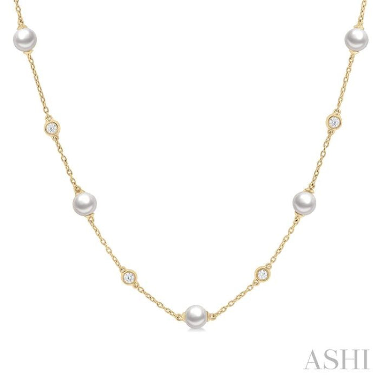 5 MM Round Shape Cultured Pearls and 1/4 Ctw Round Cut Diamond Station Necklace in 14K Yellow Gold 5 MM Round Shape Cultured Pearls and 1/4 Ctw Round Cut Diamond Station Necklace in 14K Yellow Gold
