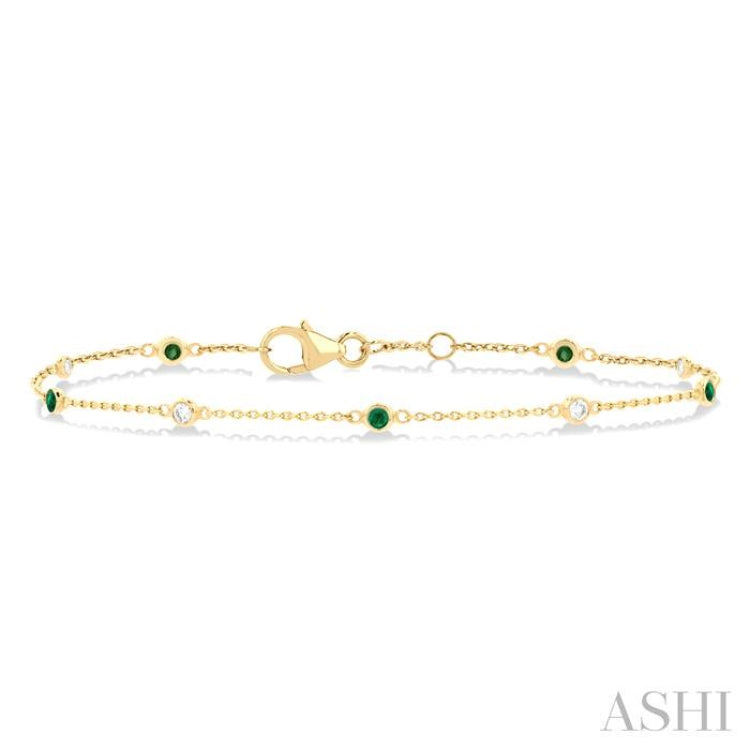 1.8 MM Emerald and 1/10 Ctw Bezel Set Round Cut Diamond Precious Gemstone Station Bracelet in 14K Yellow Gold 1.8 MM Emerald and 1/10 Ctw Bezel Set Round Cut Diamond Precious Gemstone Station Bracelet in 14K Yellow Gold