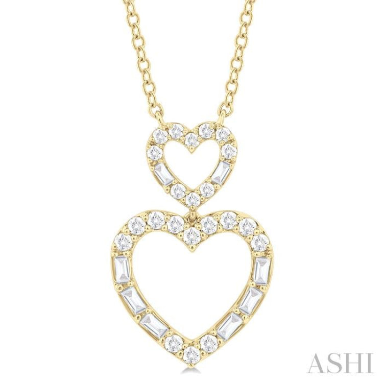 1/3 Ctw Twin Heart Fusion Baguette and Round Cut Diamond Pendant With Chain in 10K Yellow Gold 1/3 Ctw Twin Heart Fusion Baguette and Round Cut Diamond Pendant With Chain in 10K Yellow Gold