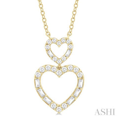 1/3 Ctw Twin Heart Fusion Baguette and Round Cut Diamond Pendant With Chain in 10K Yellow Gold 1/3 Ctw Twin Heart Fusion Baguette and Round Cut Diamond Pendant With Chain in 10K Yellow Gold