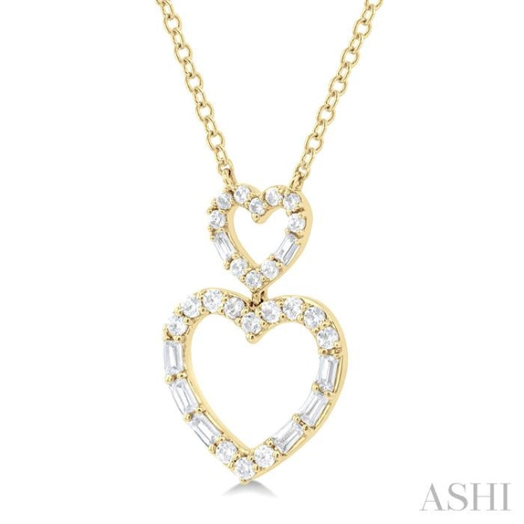 1/3 Ctw Twin Heart Fusion Baguette and Round Cut Diamond Pendant With Chain in 10K Yellow Gold 1/3 Ctw Twin Heart Fusion Baguette and Round Cut Diamond Pendant With Chain in 10K Yellow Gold