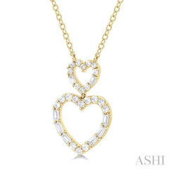 1/3 Ctw Twin Heart Fusion Baguette and Round Cut Diamond Pendant With Chain in 10K Yellow Gold 1/3 Ctw Twin Heart Fusion Baguette and Round Cut Diamond Pendant With Chain in 10K Yellow Gold