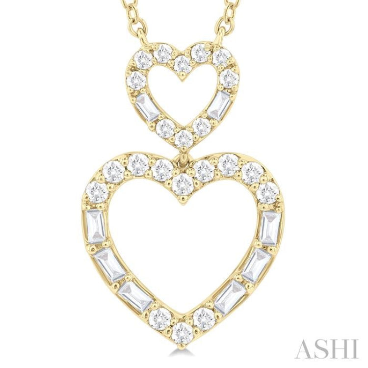 1/3 Ctw Twin Heart Fusion Baguette and Round Cut Diamond Pendant With Chain in 10K Yellow Gold 1/3 Ctw Twin Heart Fusion Baguette and Round Cut Diamond Pendant With Chain in 10K Yellow Gold
