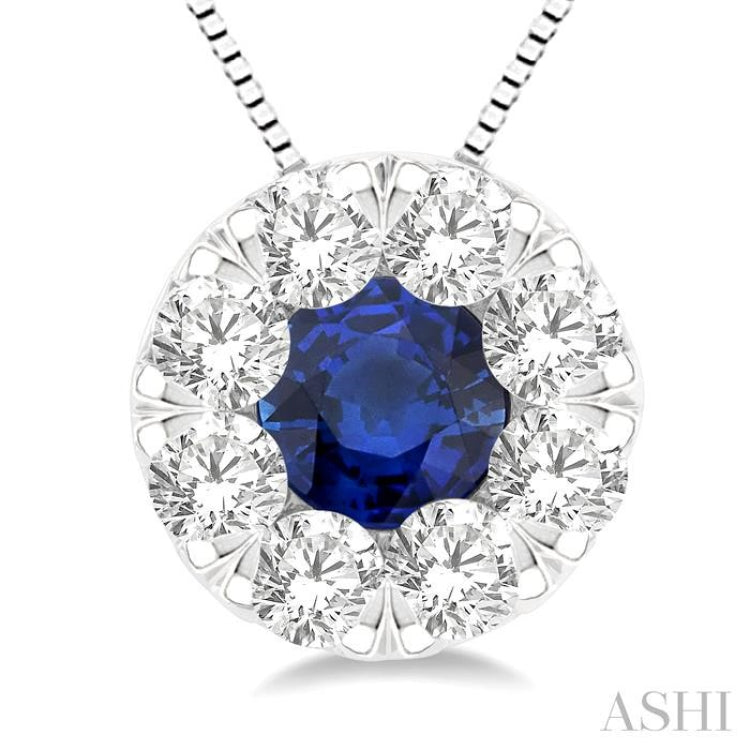 3.8 MM Sapphire and 1/3 Ctw Round Cut Lovebright Diamond Precious Pendant With Chain in 14K White Gold 3.8 MM Sapphire and 1/3 Ctw Round Cut Lovebright Diamond Precious Pendant With Chain in 14K White Gold