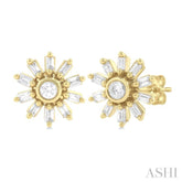 1/4 Ctw Petite Wheel Baguette and Round Cut Diamond Fashion Stud Earring in 10K Yellow Gold