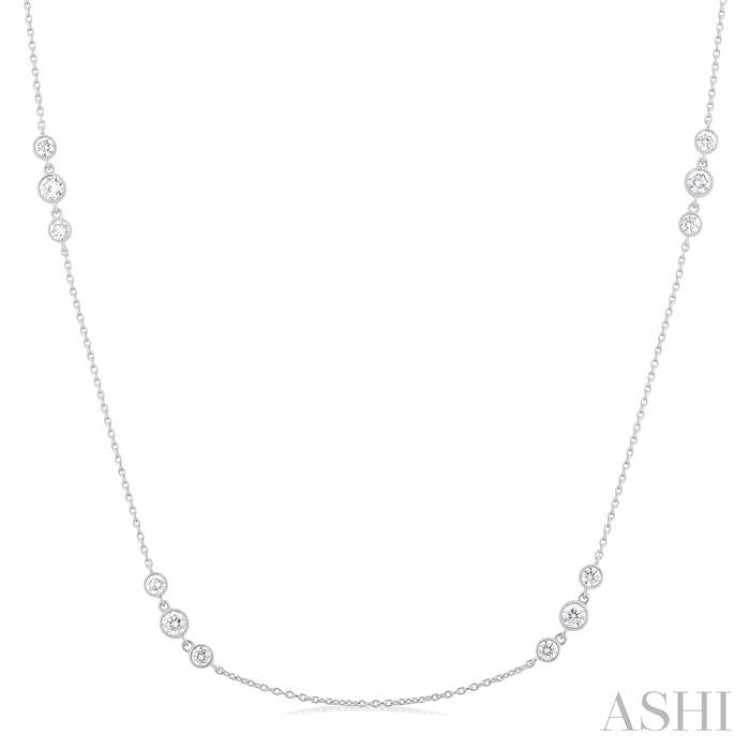 3/4 Ctw Three Stone Bezel Set Round Cut Diamond Station Necklace in 14K White Gold 3/4 Ctw Three Stone Bezel Set Round Cut Diamond Station Necklace in 14K White Gold