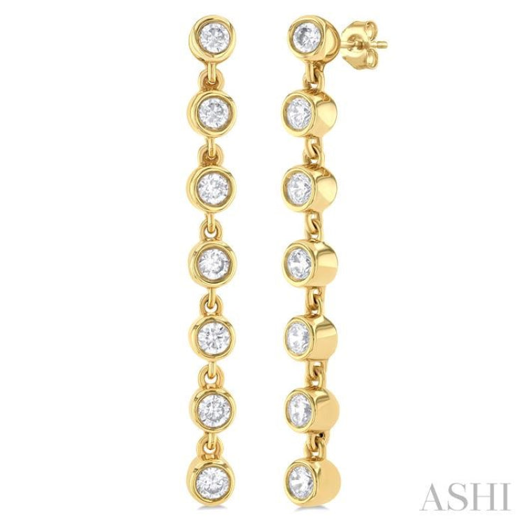 1/4 ctw Bezel Set Round Cut Diamond Long Tennis Earring in 14K Yellow Gold 1/4 ctw Bezel Set Round Cut Diamond Long Tennis Earring in 14K Yellow Gold