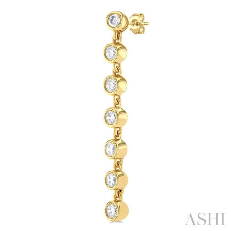 1/4 ctw Bezel Set Round Cut Diamond Long Tennis Earring in 14K Yellow Gold 1/4 ctw Bezel Set Round Cut Diamond Long Tennis Earring in 14K Yellow Gold