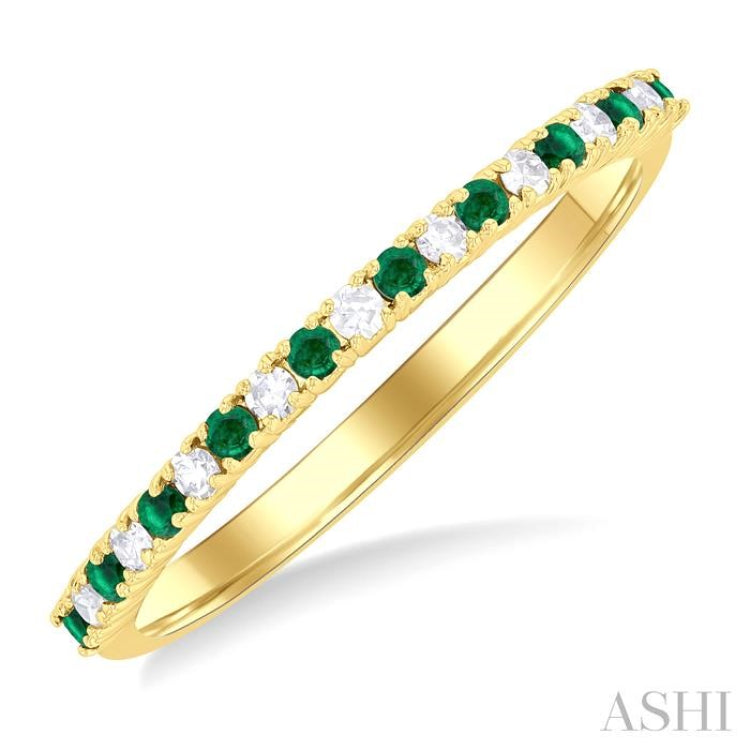 1.35 MM Round Shape Emerald and 1/10 Ctw Petite Round Cut Diamond Precious Stack Band in 10K Yellow Gold 1.35 MM Round Shape Emerald and 1/10 Ctw Petite Round Cut Diamond Precious Stack Band in 10K Yellow Gold