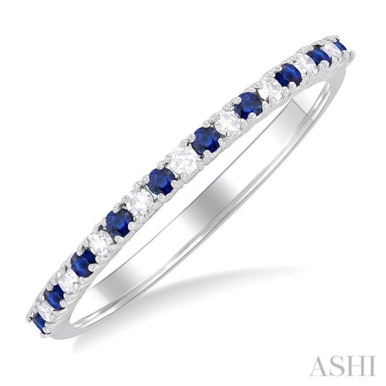 1.35 MM Round Shape Sapphire and 1/10 Ctw Petite Round Cut Diamond Precious Stack Band in 10K White Gold 1.35 MM Round Shape Sapphire and 1/10 Ctw Petite Round Cut Diamond Precious Stack Band in 10K White Gold