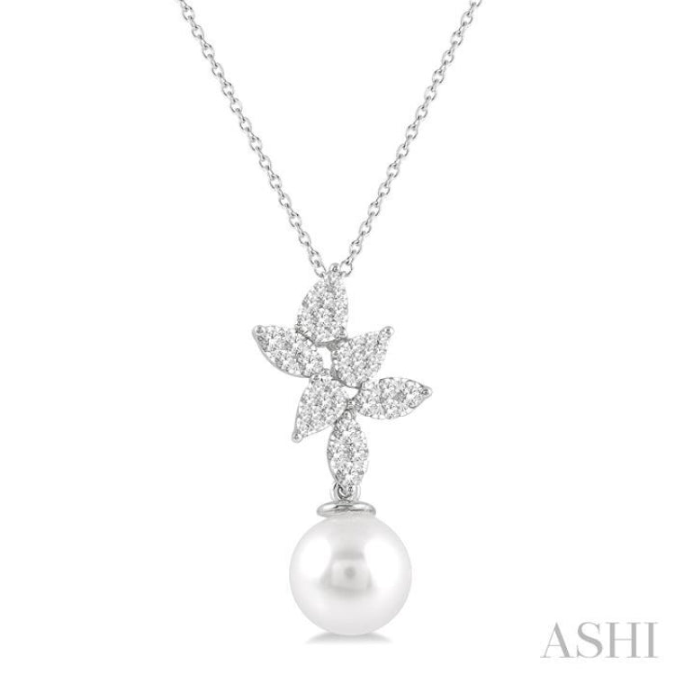 9 MM Cultured Pearl and 1/2 Ctw Lovebright Round Cut Diamond Fashion Pendant With Chain in 14K White Gold 9 MM Cultured Pearl and 1/2 Ctw Lovebright Round Cut Diamond Fashion Pendant With Chain in 14K White Gold