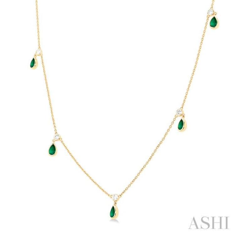 5x3 MM Pear Shape Emerald and 1/4 Ctw Round Cut Diamonds Precious Station Necklace in 14K Yellow Gold 5x3 MM Pear Shape Emerald and 1/4 Ctw Round Cut Diamonds Precious Station Necklace in 14K Yellow Gold