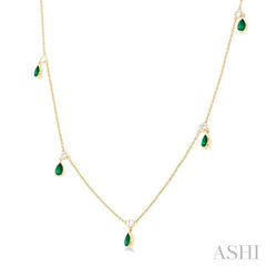 5x3 MM Pear Shape Emerald and 1/4 Ctw Round Cut Diamonds Precious Station Necklace in 14K Yellow Gold 5x3 MM Pear Shape Emerald and 1/4 Ctw Round Cut Diamonds Precious Station Necklace in 14K Yellow Gold