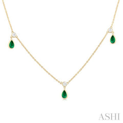 5x3 MM Pear Shape Emerald and 1/4 Ctw Round Cut Diamonds Precious Station Necklace in 14K Yellow Gold 5x3 MM Pear Shape Emerald and 1/4 Ctw Round Cut Diamonds Precious Station Necklace in 14K Yellow Gold