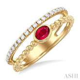4x3 MM Oval Shape Ruby and 1/5 Ctw Single Cut Diamonds Precious Fashion Split Twin Ring in 10K Yellow Gold