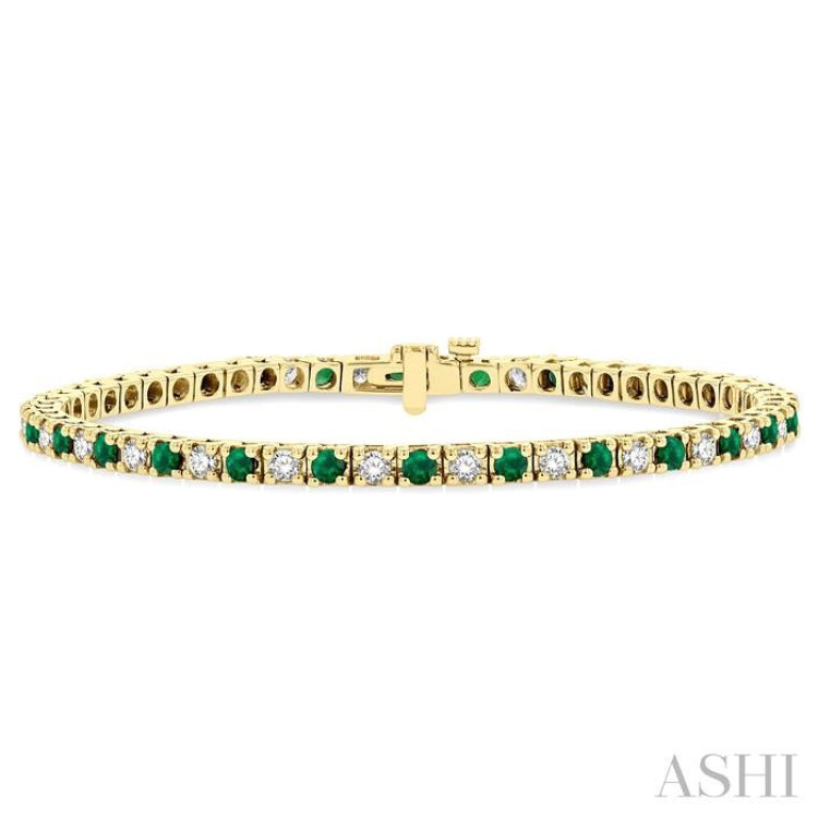 2.5 MM Emerald and 1 1/2 Ctw Round Cut Diamond Square Box Link Precious Tennis Bracelet in 14K Yellow Gold 2.5 MM Emerald and 1 1/2 Ctw Round Cut Diamond Square Box Link Precious Tennis Bracelet in 14K Yellow Gold