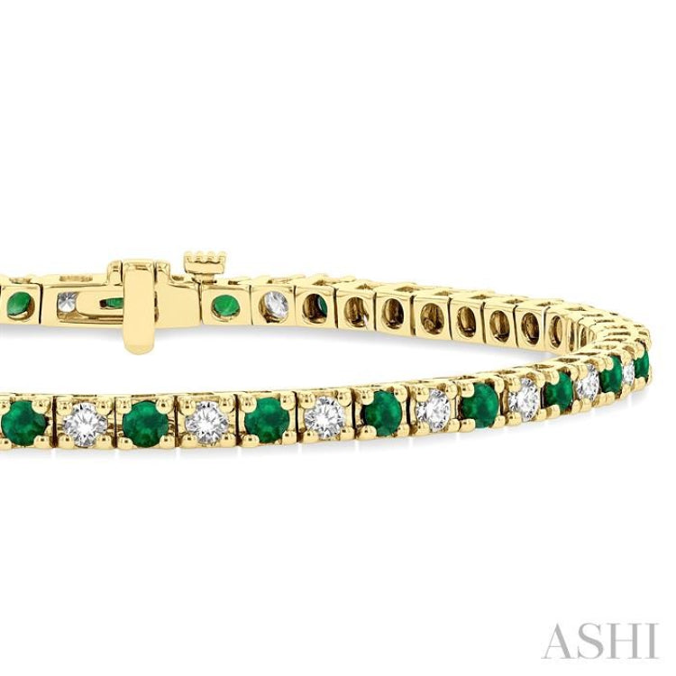 2.5 MM Emerald and 1 1/2 Ctw Round Cut Diamond Square Box Link Precious Tennis Bracelet in 14K Yellow Gold 2.5 MM Emerald and 1 1/2 Ctw Round Cut Diamond Square Box Link Precious Tennis Bracelet in 14K Yellow Gold