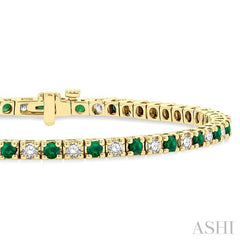 2.5 MM Emerald and 1 1/2 Ctw Round Cut Diamond Square Box Link Precious Tennis Bracelet in 14K Yellow Gold 2.5 MM Emerald and 1 1/2 Ctw Round Cut Diamond Square Box Link Precious Tennis Bracelet in 14K Yellow Gold