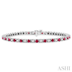 2.5 MM Ruby and 1 1/2 Ctw Round Cut Diamond Square Box Link Precious Tennis Bracelet in 14K White Gold 2.5 MM Ruby and 1 1/2 Ctw Round Cut Diamond Square Box Link Precious Tennis Bracelet in 14K White Gold