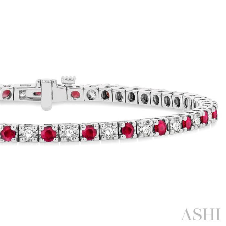 2.5 MM Ruby and 1 1/2 Ctw Round Cut Diamond Square Box Link Precious Tennis Bracelet in 14K White Gold 2.5 MM Ruby and 1 1/2 Ctw Round Cut Diamond Square Box Link Precious Tennis Bracelet in 14K White Gold