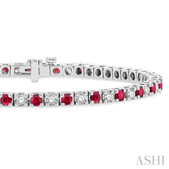 2.5 MM Ruby and 1 1/2 Ctw Round Cut Diamond Square Box Link Precious Tennis Bracelet in 14K White Gold 2.5 MM Ruby and 1 1/2 Ctw Round Cut Diamond Square Box Link Precious Tennis Bracelet in 14K White Gold