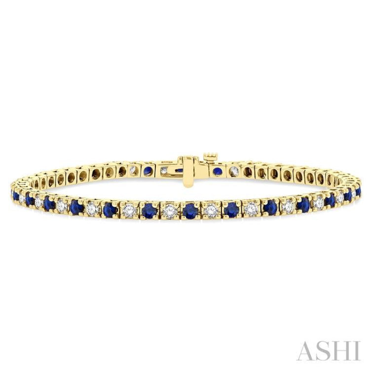 2.5 MM Sapphire and 1 1/2 Ctw Round Cut Diamond Square Box Link Precious Tennis Bracelet in 14K Yellow Gold 2.5 MM Sapphire and 1 1/2 Ctw Round Cut Diamond Square Box Link Precious Tennis Bracelet in 14K Yellow Gold