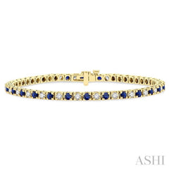 2.5 MM Sapphire and 1 1/2 Ctw Round Cut Diamond Square Box Link Precious Tennis Bracelet in 14K Yellow Gold 2.5 MM Sapphire and 1 1/2 Ctw Round Cut Diamond Square Box Link Precious Tennis Bracelet in 14K Yellow Gold