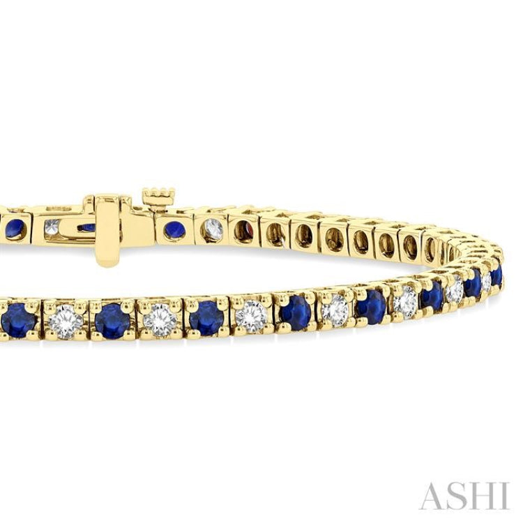 2.5 MM Sapphire and 1 1/2 Ctw Round Cut Diamond Square Box Link Precious Tennis Bracelet in 14K Yellow Gold 2.5 MM Sapphire and 1 1/2 Ctw Round Cut Diamond Square Box Link Precious Tennis Bracelet in 14K Yellow Gold