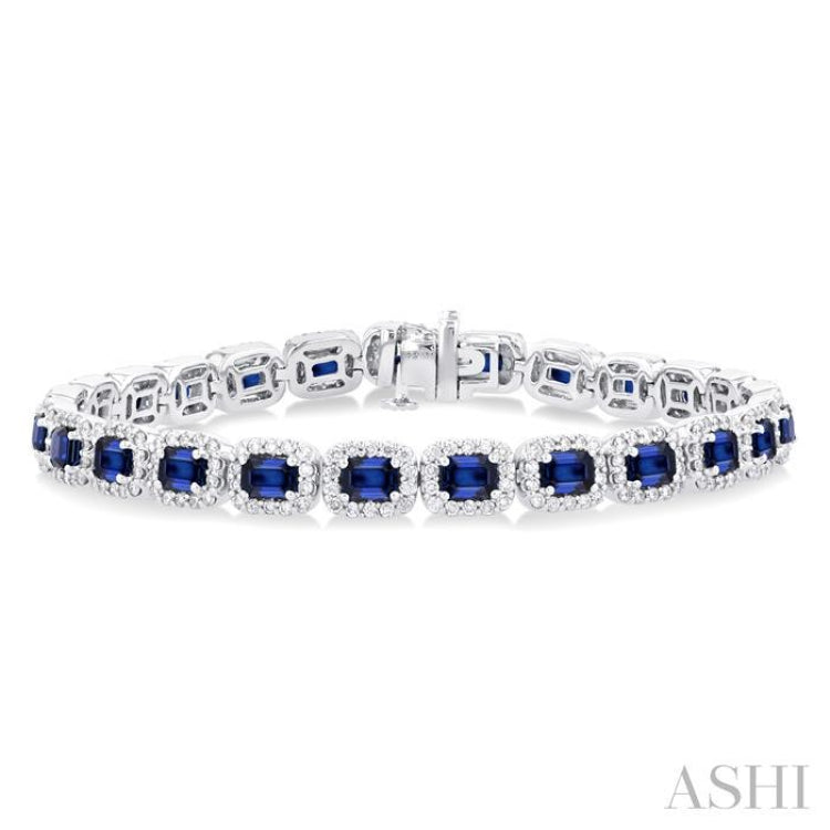 4X3 MM Emerald Cut Sapphire and 2 1/5 Ctw Round Cut Diamond Halo Precious Bracelet in 14K White Gold 4X3 MM Emerald Cut Sapphire and 2 1/5 Ctw Round Cut Diamond Halo Precious Bracelet in 14K White Gold