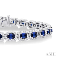 4X3 MM Emerald Cut Sapphire and 2 1/5 Ctw Round Cut Diamond Halo Precious Bracelet in 14K White Gold 4X3 MM Emerald Cut Sapphire and 2 1/5 Ctw Round Cut Diamond Halo Precious Bracelet in 14K White Gold