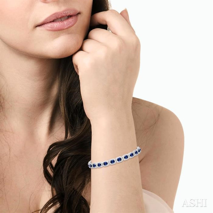 4X3 MM Emerald Cut Sapphire and 2 1/5 Ctw Round Cut Diamond Halo Precious Bracelet in 14K White Gold 4X3 MM Emerald Cut Sapphire and 2 1/5 Ctw Round Cut Diamond Halo Precious Bracelet in 14K White Gold
