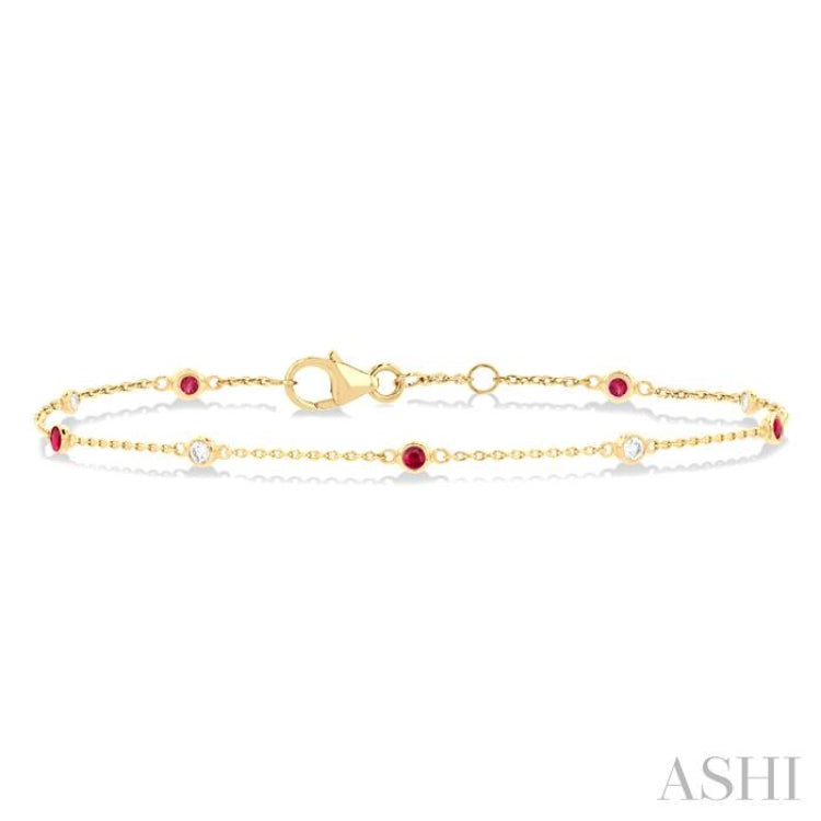 1.8 MM Ruby and 1/10 Ctw Bezel Set Round Cut Diamond Precious Gemstone Station Bracelet in 14K Yellow Gold 1.8 MM Ruby and 1/10 Ctw Bezel Set Round Cut Diamond Precious Gemstone Station Bracelet in 14K Yellow Gold