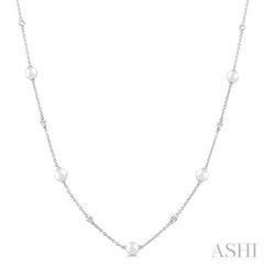 4 MM Round Shape Cultured Pearl and 1/6 Ctw Round Cut Diamond Station Necklace in 14K White Gold 4 MM Round Shape Cultured Pearl and 1/6 Ctw Round Cut Diamond Station Necklace in 14K White Gold