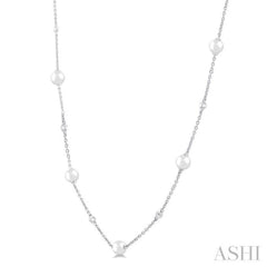 4 MM Round Shape Cultured Pearl and 1/6 Ctw Round Cut Diamond Station Necklace in 14K White Gold 4 MM Round Shape Cultured Pearl and 1/6 Ctw Round Cut Diamond Station Necklace in 14K White Gold
