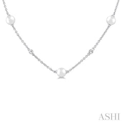 4 MM Round Shape Cultured Pearl and 1/6 Ctw Round Cut Diamond Station Necklace in 14K White Gold 4 MM Round Shape Cultured Pearl and 1/6 Ctw Round Cut Diamond Station Necklace in 14K White Gold
