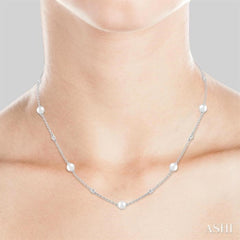 4 MM Round Shape Cultured Pearl and 1/6 Ctw Round Cut Diamond Station Necklace in 14K White Gold 4 MM Round Shape Cultured Pearl and 1/6 Ctw Round Cut Diamond Station Necklace in 14K White Gold