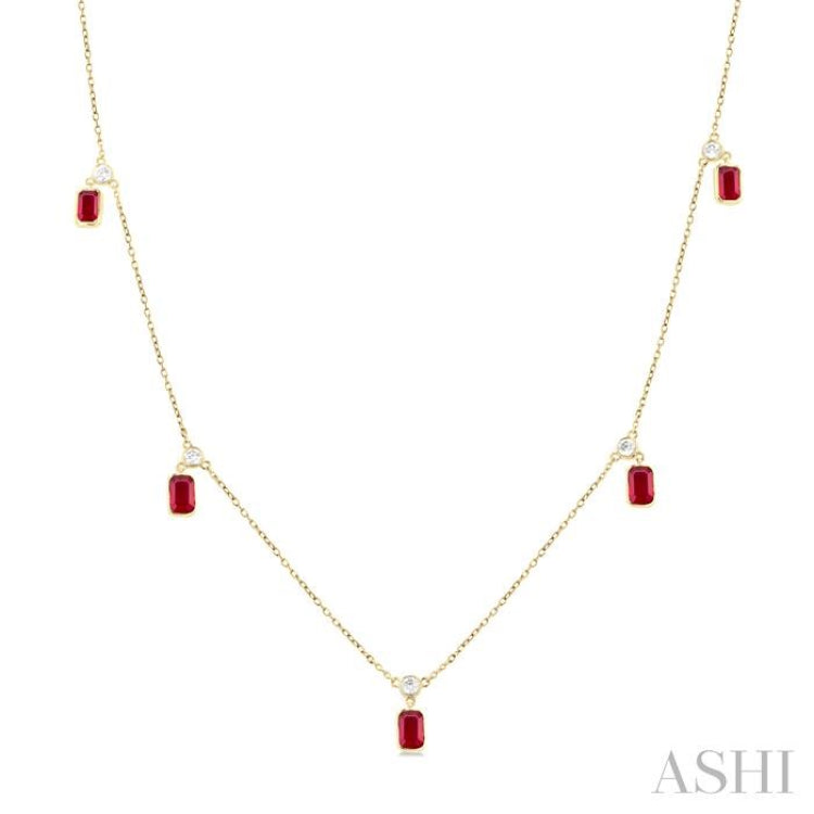 5x3 MM Octagonal Shape Ruby and 1/4 Ctw Round Cut Diamonds Precious Station Necklace in 14K Yellow Gold 5x3 MM Octagonal Shape Ruby and 1/4 Ctw Round Cut Diamonds Precious Station Necklace in 14K Yellow Gold