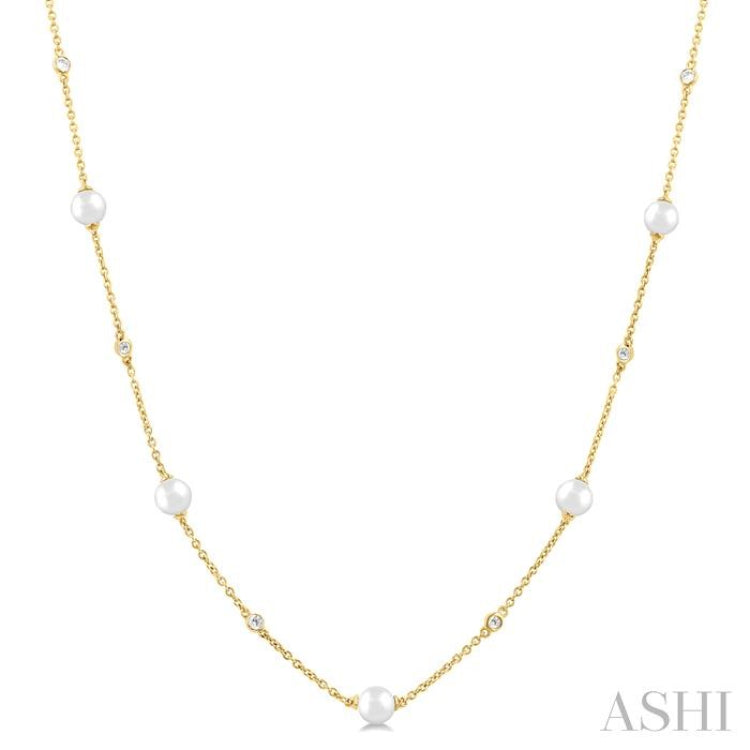 4 MM Round Shape Cultured Pearl and 1/6 Ctw Round Cut Diamond Station Necklace in 14K Yellow Gold 4 MM Round Shape Cultured Pearl and 1/6 Ctw Round Cut Diamond Station Necklace in 14K Yellow Gold