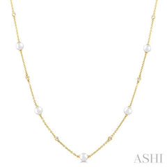 4 MM Round Shape Cultured Pearl and 1/6 Ctw Round Cut Diamond Station Necklace in 14K Yellow Gold 4 MM Round Shape Cultured Pearl and 1/6 Ctw Round Cut Diamond Station Necklace in 14K Yellow Gold